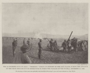 Los Cañones de 12 Libras del HMS Terrible disparando en Apoyo del Flanco Izquierdo durante el Avance de la Brigada Irlandesa en el Esfuerzo por forzar el Paso del Tugela, 15 de diciembre de 1899