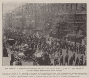 La llegada a Londres de tropas coloniales de Sudáfrica, 26 de junio, los veteranos pasando por Kensington High Street
