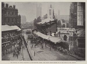 La llegada de sus majestades a la abadía de Westminster, el coche estatal estacionado en la puerta del anexo de English Photographer