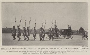 La procesión de la corte en Chester, los hombres de la jabalina en su nuevo traje de Beefeaters de English Photographer