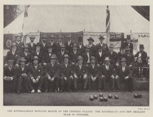 El partido de bolos australasiano en el Crystal Palace, el equipo de Australia y Nueva Zelanda en uniforme de English Photographer