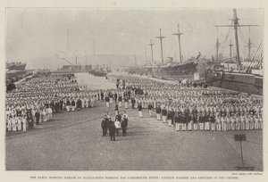 El Desfile de la Mañana Temprano de Marineros formando el Depósito de Portsmouth, Capitán Hammet y Oficiales en el Centro de English Photographer