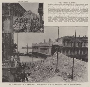 El campanario caído de San Marcos, Venecia, los escombros en la Piazza y la esquina dañada del Palazzo Reale