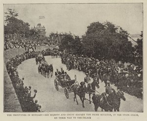 Las festividades en Hungría, Su Majestad y el Conde Szapary el Primer Ministro, en el coche de estado, camino al palacio de English Photographer