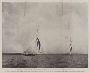 La primera navegación del Shamrock II, el nuevo retador liderando al Shamrock I en el agua de Southampton de English Photographer