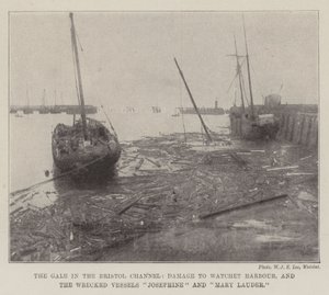 El vendaval en el canal de Bristol, daños en el puerto de Watchet y los barcos naufragados Josephine y Mary Lauder de English Photographer