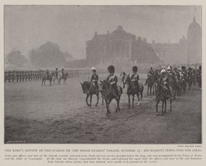 La revisión del rey de los guardias en el desfile de Horse Guards, 27 de octubre, su majestad inspeccionando las líneas de English Photographer