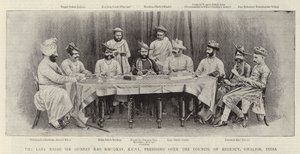El difunto Rajá Sir Gunpat Rao Khudkay, KCSI, presidiendo el Consejo de Regencia, Gwalior, India