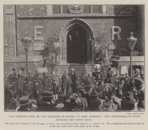 La presentación de la libertad de Dover al conde Roberts, el comandante en jefe fuera del ayuntamiento de English Photographer