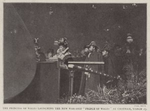 La Princesa de Gales lanzando el nuevo buque de guerra Príncipe de Gales en Chatham, 25 de marzo de English Photographer