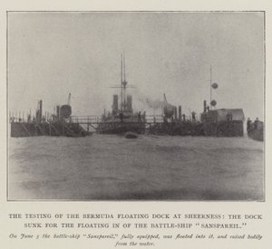 La prueba del dique flotante de Bermudas en Sheerness, el dique hundido para la entrada del acorazado Sanspareil de English Photographer
