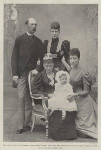 La difunta reina de Dinamarca, cuatro generaciones, el rey, la princesa de Gales, la duquesa de Fife y Lady Alexandra Duff de English Photographer