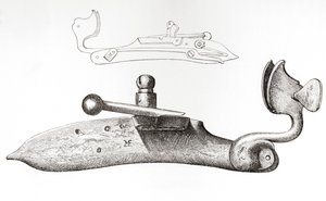 Matchlock del siglo XVII. Mecanismo o cerrojo utilizado para disparar un arma de fuego manual, de The British Army: Its Origins, Progress and Equipment, publicado en 1868. de English School