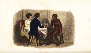 Pareja holandesa del siglo XVIII bebiendo vino con un orangután de Borneo en la mesa del comedor