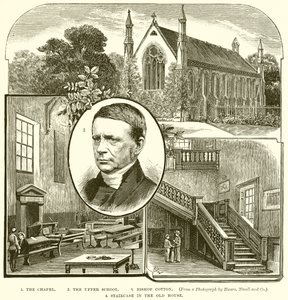 1. La capilla. 2. La escuela superior. 3. Obispo Cotton. 4. Escalera en la casa vieja de English School