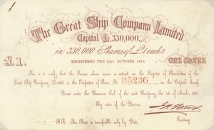 Certificado de acción de £1 emitido por The Great Ship Company Limited de English School