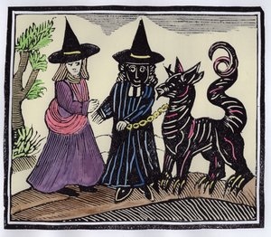 Una Bruja Negra y una Bruja Blanca con un Animal Diablo, Ilustración de una colección de folletos sobre esoterismo de English School
