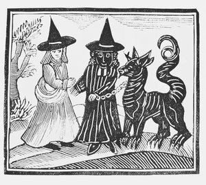 Una Bruja Negra y una Bruja Blanca con un Animal Demonio, ilustración de una colección de folletos sobre esoterismo