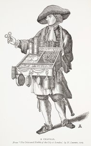 Un vendedor ambulante, de The Cries and Habits of the City of London por M. Lauren, 1709, ilustración de portada de Chap-books of the Eighteenth Century por John Ashton, pub. 1882 de English School