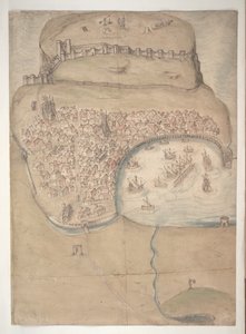 Un plano coloreado o vista de pájaro de la ciudad y el castillo de Scarborough de English School