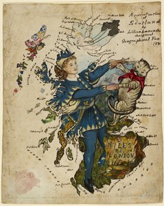 Un esquema correcto de Escocia. Representado como Dick Whittington y su gato (tinta y pintura sobre cartulina)