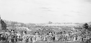 Representación correcta de la compañía yendo y regresando del salón de su majestad en el Palacio de Buckingham, publicado por G. Humphrey, 25 de mayo de 1822