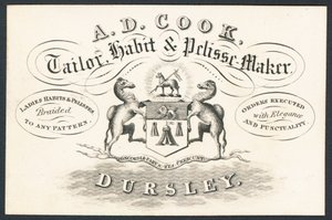A D Cook, sastre, fabricante de hábitos y pelisses, tarjeta comercial de English School