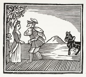 Un caballero va a consultar a Madre Bunch, ilustración de Chap-books del Siglo XVIII de John Ashton, pub. 1882 de English School