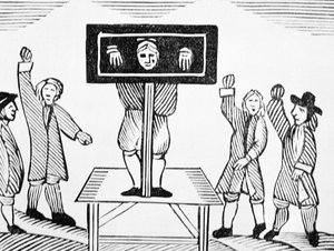 Un hombre culpable en la picota del pueblo, copia de una ilustración del siglo XVI, de una colección de folletos sobre esoterismo
