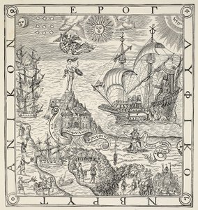 Un jeroglífico de Gran Bretaña, frontispicio de General and Rare Memorials pertayning to the perfecte Arte of Navigation por John Dee (1527-1609), 1577 de English School