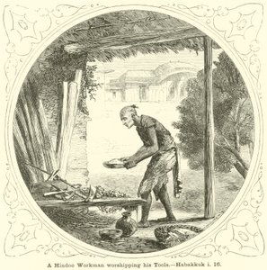 Trabajador hindú adorando sus herramientas de English School