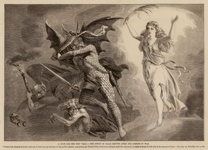 Una esperanza para el nuevo año, el espíritu de la paz ahuyentando a los demonios de la guerra (grabado) de English School