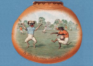 ¡Una alegre Navidad sin contratiempos!, tarjeta navideña que muestra un partido de fútbol entre perros, c.1890s de English School