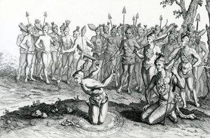 Un Rey de Florida consultando a su Mago antes de ir a la batalla, ilustración tomada de los Viajes y Aventuras de Moore, 1778 de English School