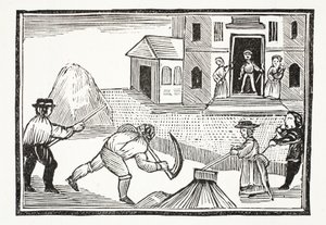 Un hombre cortando césped con una guadaña, que se llevó todo por delante, ilustración de Chap-books del siglo XVIII de John Ashton, pub. 1882 de English School