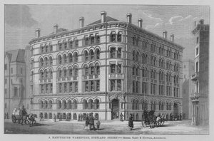 Un Almacén de Manchester, Calle Portland, Messrs Clegg y Knowles, Arquitectos. Ilustración para The Builder de English School