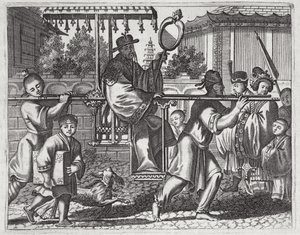 Un Mandarín en una Silla de Sedan, ilustración de una descripción de Embajadas a China, 1690 de English School