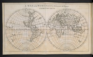 Un mapa del mundo, en el que se delinean los viajes de Robinson Crusoe de English School