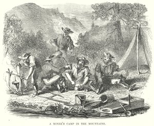 Campamento minero en las montañas (grabado)