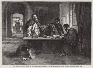 Un Monje instruyendo a otros en el Arte de la Iluminación (grabado) de English School