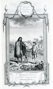 Una Mujer y un Niño Patagónicos en compañía del Comodoro Byron, ilustración tomada de los Viajes y Aventuras de Moore, 1778