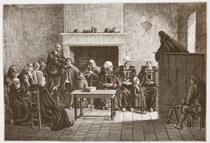 Un pastor protestante dirigiéndose a una asamblea secreta de hugonotes, ilustración de La Historia del Protestantismo de James Aitken Wylie (1808-1890), pub. 1878 de English School
