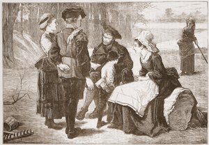 Un trabajador protestante de Meaux leyendo las Escrituras a sus amigos, ilustración de La Historia del Protestantismo de James Aitken Wylie, pub. 1878