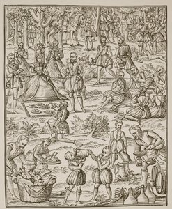 Un picnic real, lámina de Noble Art of Venerie and Hunting por George Turberville, 1575 de English School