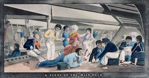 Una Escena en la Cubierta Principal, publicado por I.W. Laird, 1841 de English School