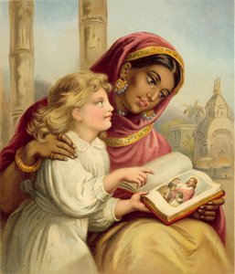 Una lección de escritura - Niña india enseñando a una niña inglesa