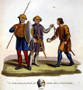 Un lancero, hombre de armas y un hondero