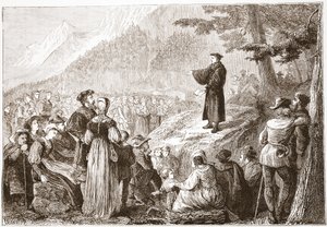 Un reformador suizo predicando a su rebaño en el campo abierto, ilustración de La Historia del Protestantismo de James Aitken Wylie, pub. 1878 de English School