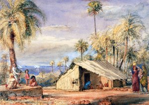 Cabaña de un recolector de toddy en un bosque de palmeras datileras, Presidencia de Bombay, India