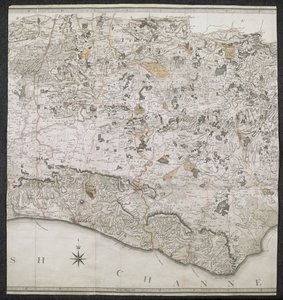 Un mapa topográfico del condado de Sussex, dividido en violaciones, decanatos y cientos. Planificado a partir de una encuesta real por una escala de una pulgada a una milla terrestre de English School